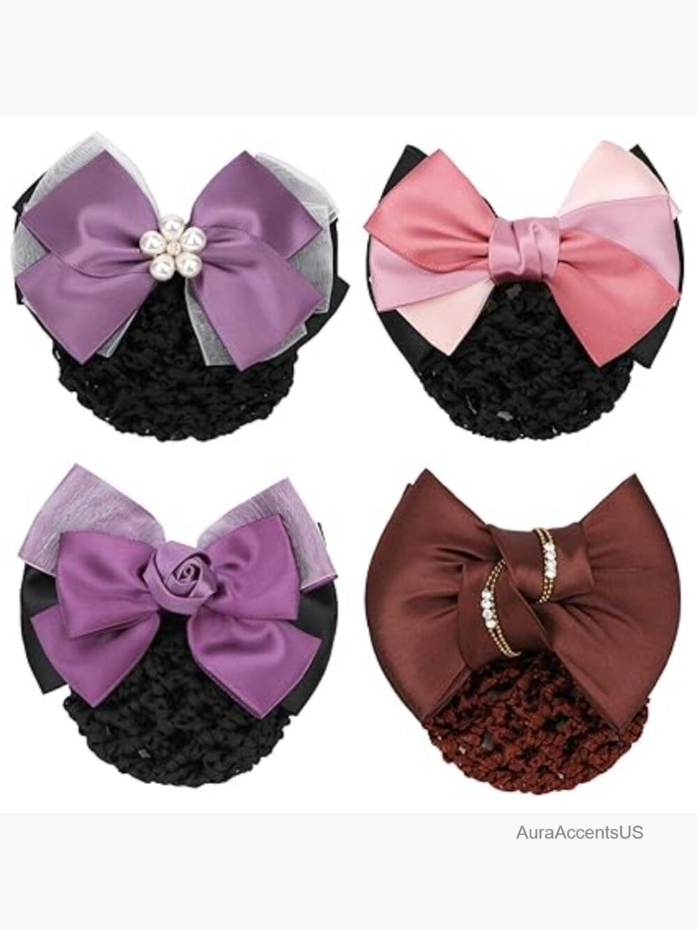 4pc Two-Way Snood Net Bow Barrette Hair Clip Bun Cover Set